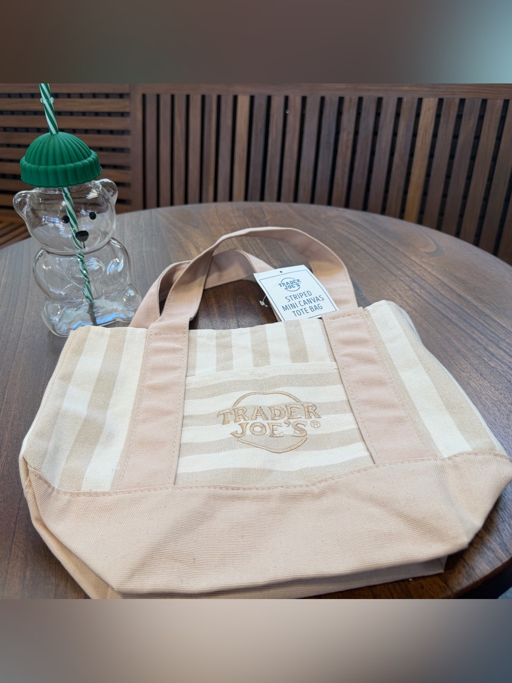 Trader Joe's Taupe Striped Tote Bag & Teddy Bear Glass